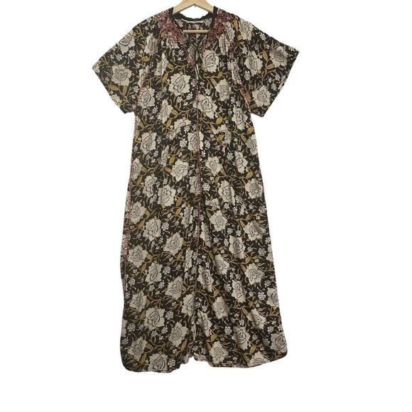 Natural Life Maxi Dress Women M Brown Floral Thick Stitching Boho Muumuu Country - Picture 1 of 16